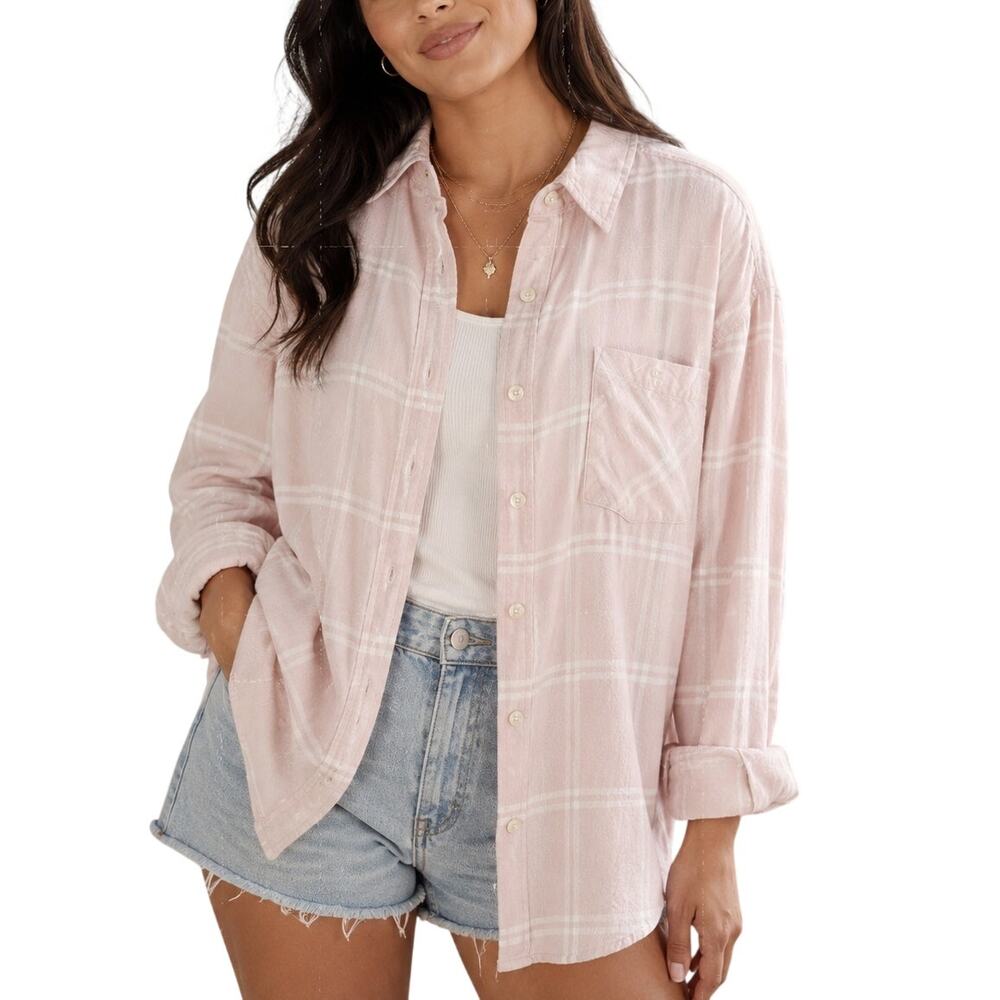 Sonoma Pink White Plaid Flannel Shirt Women Medium 100% Cotton Soft Girl Coastal